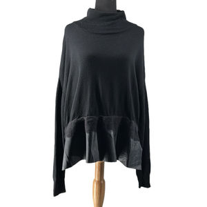 Karen Millen 100% wool sweater faux leather bottom unique artsy dark luxury lg